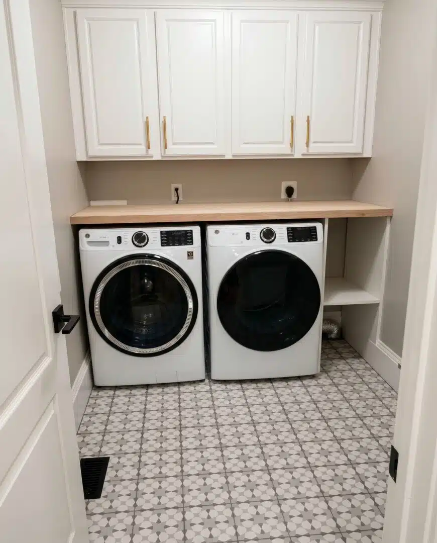 Laundry room upgrade with new tile and storage